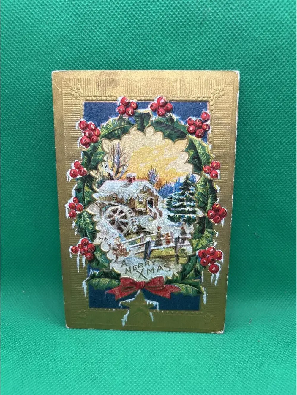 Vintage Christmas Postcard with Snowy Winter Scene and Holly Wreath =box5 -box5